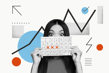 Close up portrait collage of amazed funny girl excited covering her face with paper calendar...