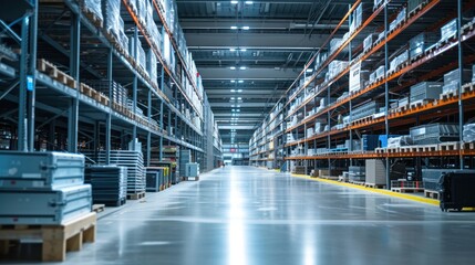 Fototapeta premium The bustling distribution warehouse hums with activity as warehouse workers load and unload freight for efficient transportation.