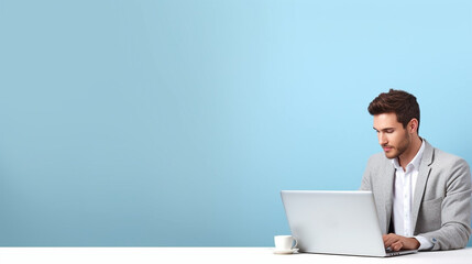 A man is seated at a table using a laptop computer