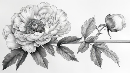 Black and white sketch with peony flower. Generative AI