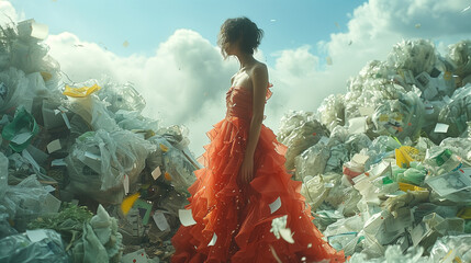 person in the sun on top of fast fashion landfill garbage