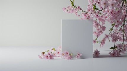 3D standing square blank paper greeting card mockup with pink Sakura flower decor on a white background. Mockup wedding card invitation
