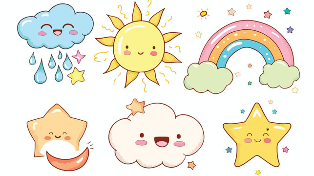 Cute cartoon kawaii sun cloud with rain star rain