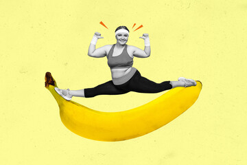 Composite creative art collage of cheerful funny girl do stretching twine body positive belly...