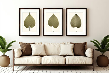 Home Interior Design: House Plant with Brown and Cream Sofa Set, Featuring Three Empty Frames on the Wall and Brown Photo Frame with Green Leaf Mockup