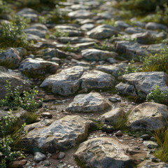 Naklejka na ściany i meble Flat rocky pathway, stone-paved pathway, rock-paved pathway