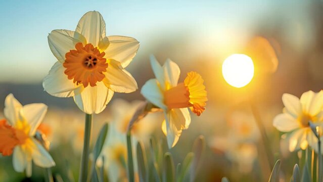 Daffodil field colorful spring flowers with sunlight shining. Daffodils, Narcissus, yellow Daffodil flowers in spring garden blooming, Easter background, bouquet. Beautiful Spring Easter daffodils 4k