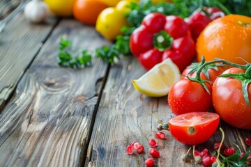 A colorful array of natural foods, including juicy cherry tomatoes and nutrient-rich superfoods, sit on a wooden table outdoors, embodying the principles of vegan and vegetarian diets and promoting t