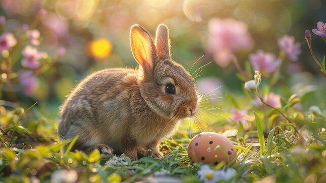 Easter bunny rabbit wit easter eggs on a meadow.