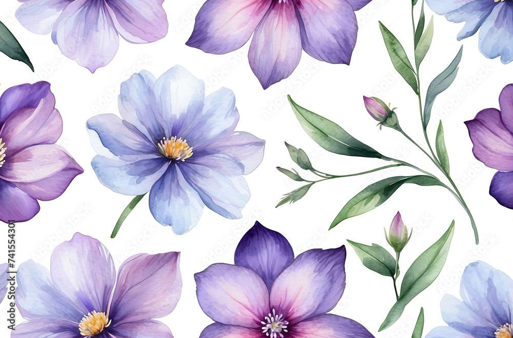 Wall mural watercolor purple flowers with green leaves