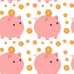 Seamless pattern of cute piggy bank. Finance and banking, investments. Vector illustration