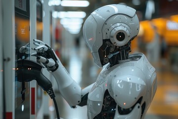 Assistant robot working EV charger in automatic electric recharge station