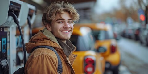 Obraz premium Happy Young Man using, talking on phone while recharging EV car battery at charging station