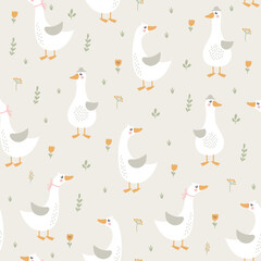 Seamless pattern with geese and flowers. Vector illustration - 741555331