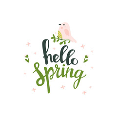 Hello Spring hand sketched logotype, badge typography icon. Lettering spring season with bird for greeting card, invitation template. Lettering poster. Vector illustrations
