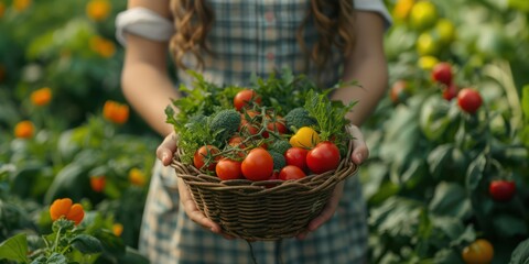 Hand of young woman holding a basket of vegetables, self-sufficient farm vibes, homegrown - obrazy, fototapety, plakaty