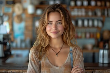 Happy female business owner behind the counter of a Coffee shop with crossed arms