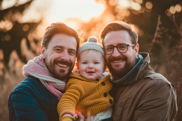 Fototapeta premium Inclusive Happiness: A Joyful Portrait of Two Dads and Their Kids, Celebrating Love, Diversity, and Togetherness in a Positive LGBT Parenthood