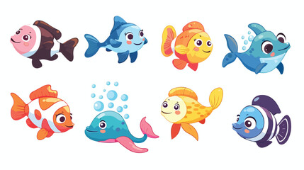 Cute fish icon set. Cartoon kawaii funny characte