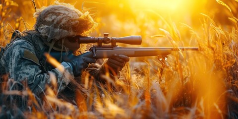 A sniper with a sniper rifle in a camouflage suit hides in the grass and aiming - obrazy, fototapety, plakaty