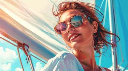 Girl on a yacht, against the background of a boat and white sails, she smiles and looks into the distance in sunglasses. The concept of a sea trip or a vacation on a yacht. - obrazy, fototapety, plakaty