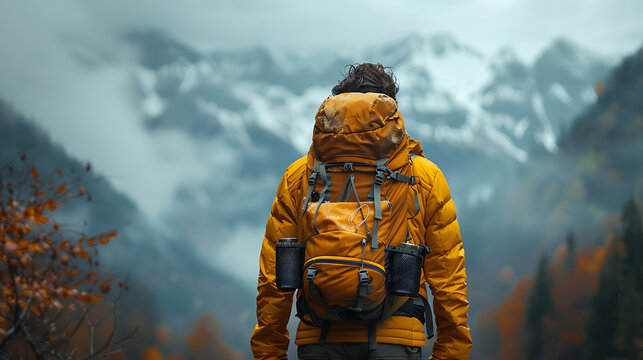 Picture from behind of a man in action-packed hiking adventure clothes. Survive with hiking equipment