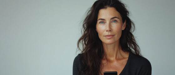 Happy attractive confident European woman of middle age posing for beauty portrait. Beautiful mid aged mature lady smiling on background, attractive female model looking at camera. Close up face .