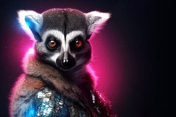 Creative animal concept. Lemur in disco neon glitter glam shiny glow sequin outfit, copy text space. commercial, editorial advertisement party invitation invite, surreal surrealism	
