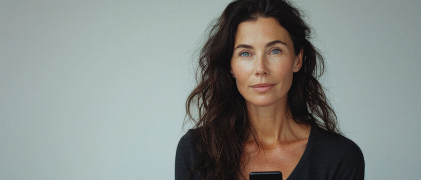 Happy attractive confident European woman of middle age posing for beauty portrait. Beautiful mid aged mature lady smiling on background, attractive female model looking at camera. Close up face .