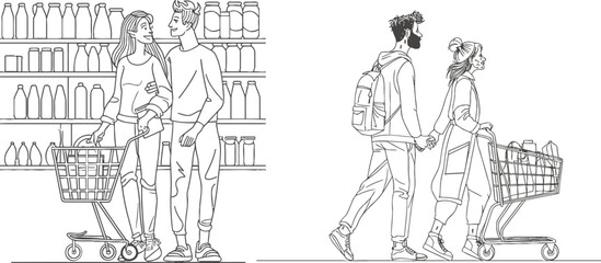 Fototapeta na wymiar Single continuous line drawing young happy romantic couple pushing trolley and shopping daily goods together at hypermarket
