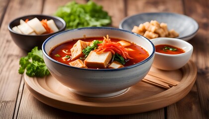 Korean food, kimchi soup with tofu in a ceramic bowl on a wooden background