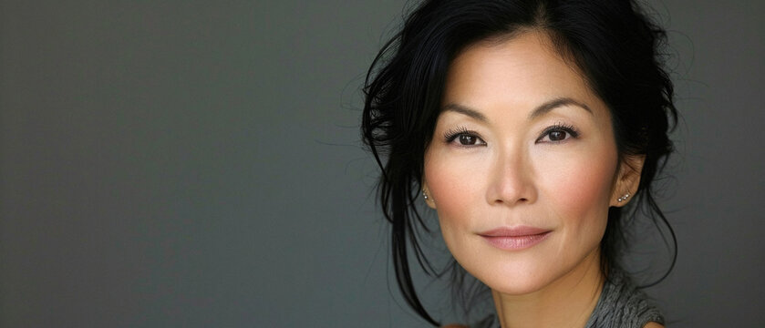 Beautiful confident Asian woman of middle age posing for portrait. Pretty mature adult lady model from Asia looking at camera smiling on background advertising products and services. Close up face .