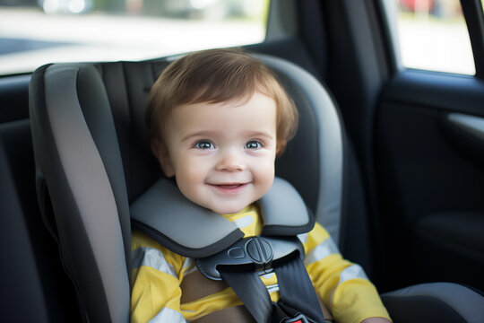 Cute baby boy sitting in car seat and smiling. Child safety concept