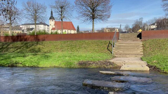 landscape with river reichenbach im Vogtland, city saxony