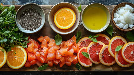 salmon and vegetables and fruits on the wooden kitchen counter table