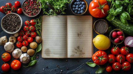 notebook with vegetables and fruit on wodden kitchen counter