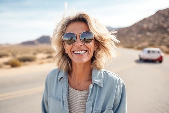 Portrait of a smiling woman in the middle of a desert road
