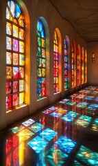 Sunlight streaming through colorful stained glass windows