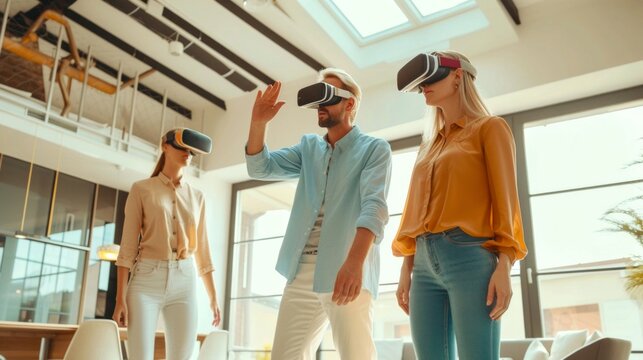 Group people using vitual reality headset ar glasses real estate agency modern technology concept,  business innovation, friends exploring digital augmented reality