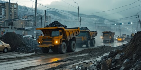 The construction site comes alive with 44 powerful dump trucks, a testament to their strength and efficiency.
