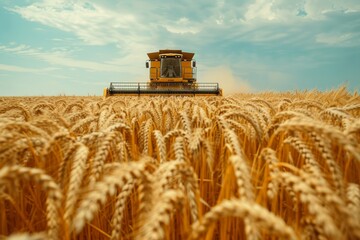 Fototapeta premium a tractor harvesting in a wheat field in the countryside
