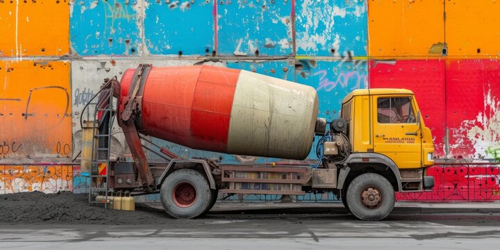 Concrete trucks narrate the urban tale, their presence weaving stories of construction and progress in the bustling cityscape.