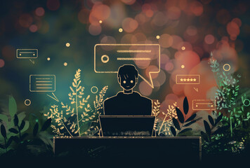 As the night enveloped him, the man sat at his desk surrounded by plants, typing away on his laptop while soft music played in the background and a screenshot of his latest project illuminated the di - obrazy, fototapety, plakaty