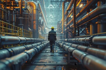 engineer inspecting an oil pipeline in an oil refinery plant  - obrazy, fototapety, plakaty