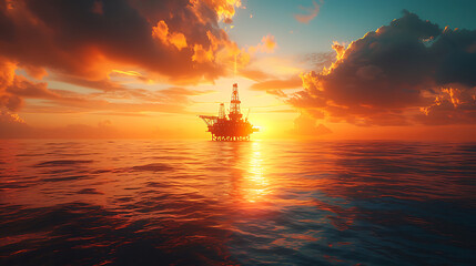 view of an oil platform in the middle of the ocean, brilliant sunlight - obrazy, fototapety, plakaty