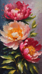 Pink peony and rose blossoms in a garden, close-up with vibrant colors, showcasing the beauty of nature in spring and summer