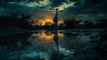 a giraffe next to a river at sundown in african grasslands - obrazy, fototapety, plakaty