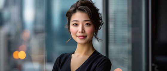 Beautiful confident Asian woman of middle age posing for portrait. Pretty mature adult lady model from Asia looking at camera smiling on background advertising products and services. Close up face . - obrazy, fototapety, plakaty
