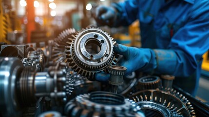 Mechanic engineers meticulously assemble automotive gear spare parts, guaranteeing precision across four distinct sets for optimal performance - obrazy, fototapety, plakaty