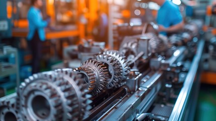 Fototapeta premium Automotive equipment undergoes meticulous assembly by mechanic engineers, ensuring precision across four sets of gear spare parts